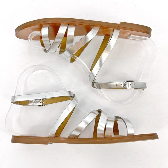 SOLD J. Crew Silver Mirror Metallic Leather Cross Strap Strappy Flat Sandals 6 - Picture 5 of 12